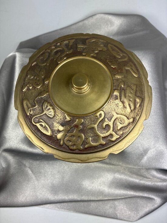 unbranded Other - Vintage Solid Brass Covered Dish Asian Motif Trinket Box Decorative Lidded Bowl
